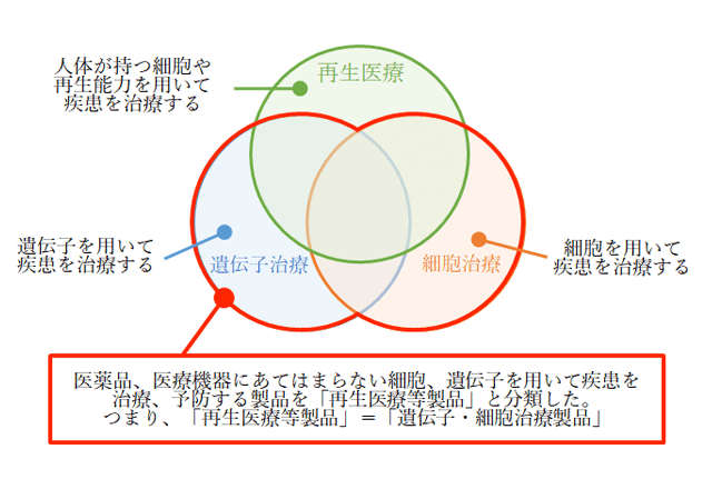 医薬品、医療機器にあてはまらない細胞、遺伝子を用いて疾患を治療、予防する製品を「再生医療等製品」と分類した。