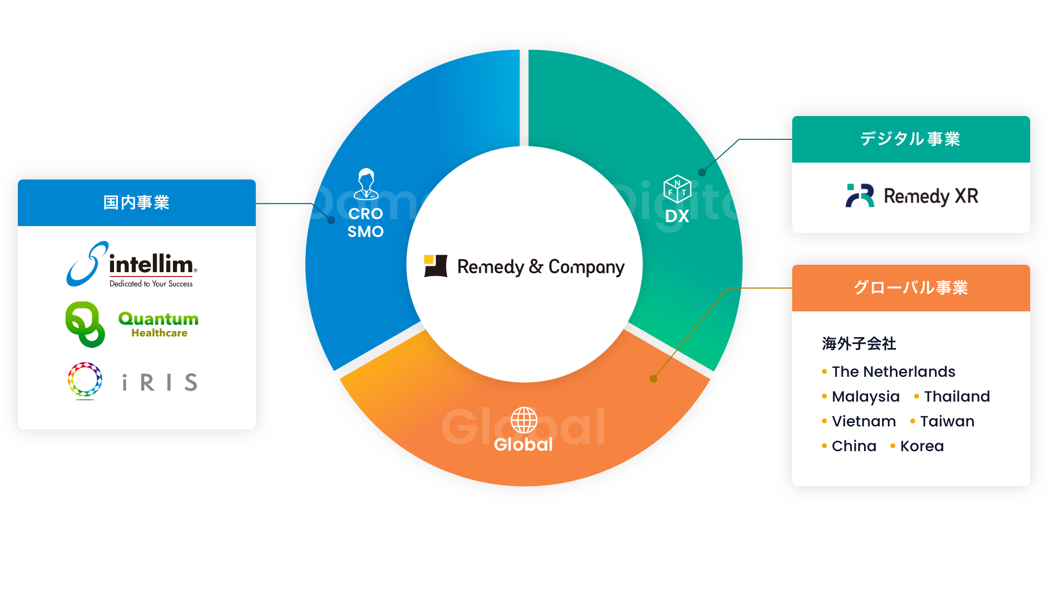 レメディグループはデジタル事業、グローバル事業、国内事業を展開し、それぞれを各グループ会社や海外子会社が担当しています。